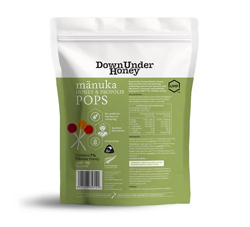 WellNest Manuka Honey & Propolis Lozenges UMF 15+ MGO514+ in a clear package, showcasing the natural lozenges for soothing relief.