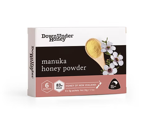 Box of six WellNest Manuka Honey powder tubes, 5g each, showcasing the packaging and product tubes.