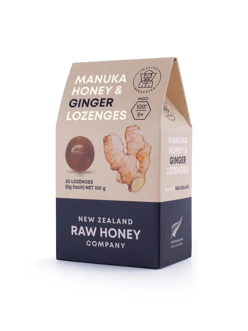 Box of WellNest Raw Mānuka Honey and Ginger Lozenges showing the packaging and ginger-flavored lozenges inside.