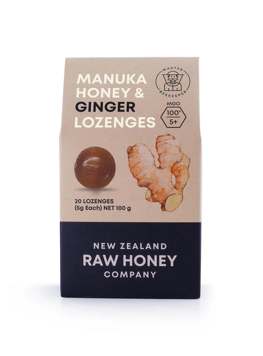 WellNest Raw Mānuka Honey and Ginger Lozenges box showing front packaging with honey and ginger imagery.