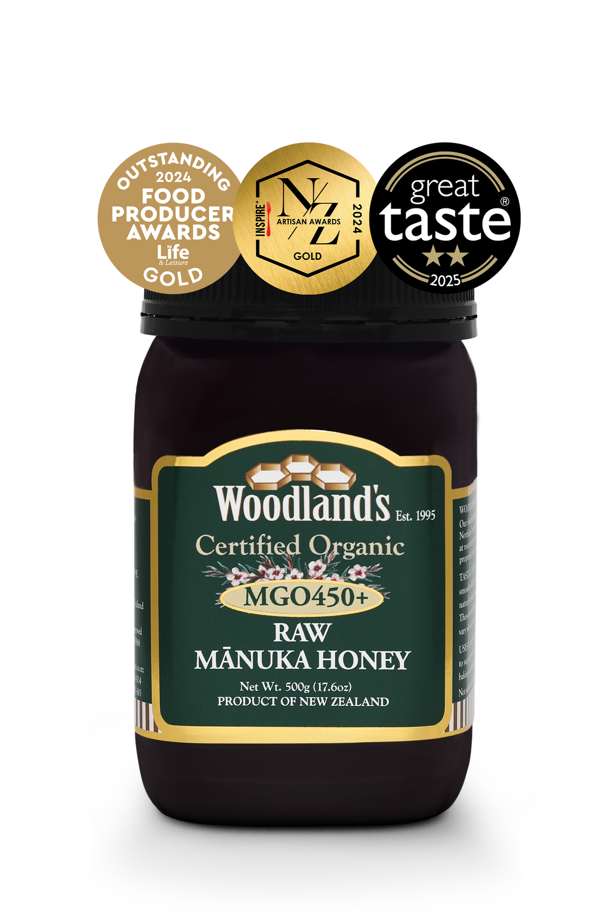 Jar of WellNest MGO450+ Organic Raw Manuka Honey in a 500g jar with OFPA Gold 24 AA certification and GT25 label.