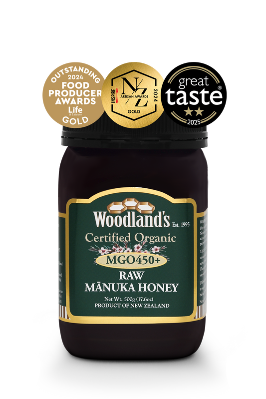 Jar of WellNest MGO450+ Organic Raw Manuka Honey in a 500g jar with OFPA Gold 24 AA certification and GT25 label.