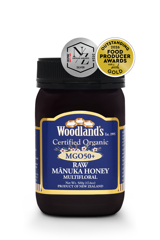 Organic raw Mānuka honey from WellNest, MGO50+ multifloral Manuka honey in a 500g jar with NZAA Silver and OFPA Gold labels.