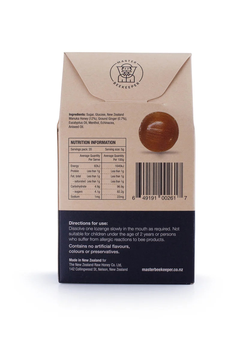 WellNest Raw Mānuka Honey and ginger lozenges box, natural throat lozenges with honey and ginger flavor, for soothing relief.