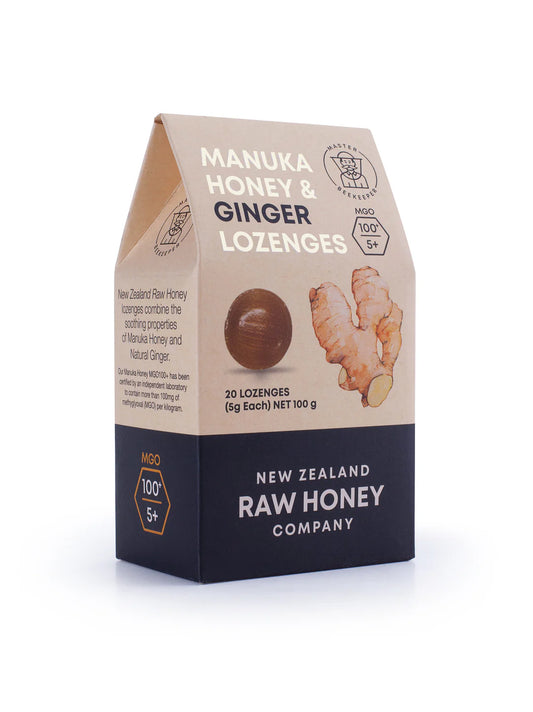 WellNest Raw Mānuka Honey and Ginger Lozenges box with ginger-flavored lozenges, natural ingredients, and honey accents.