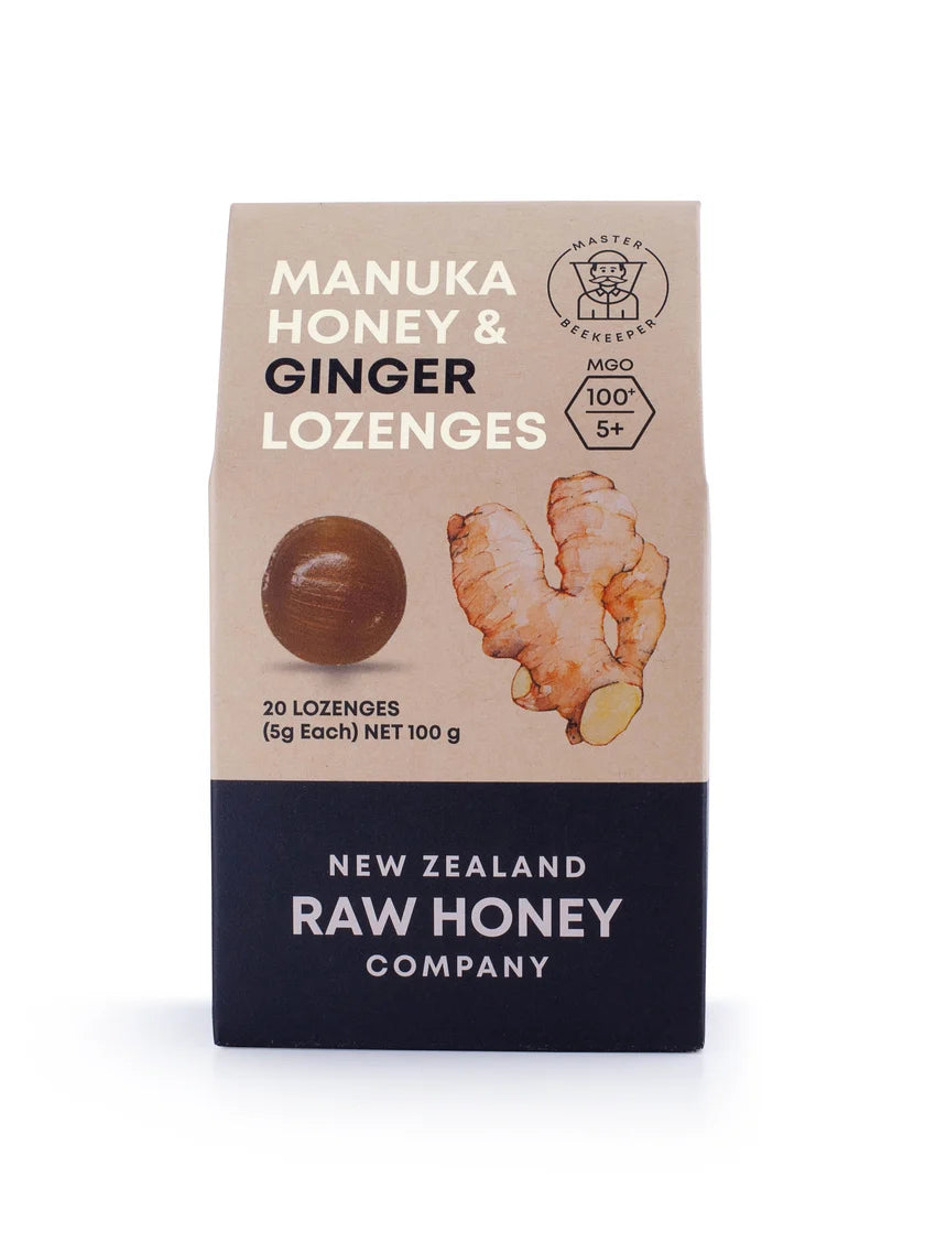 WellNest Raw Mānuka Honey and Ginger Lozenges box showing front packaging with honey and ginger imagery.