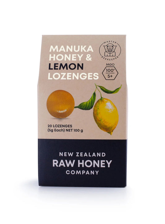 WellNest Raw Mānuka Honey & Lemon Lozenges box, natural lozenges with honey and lemon flavor, for soothing throat relief