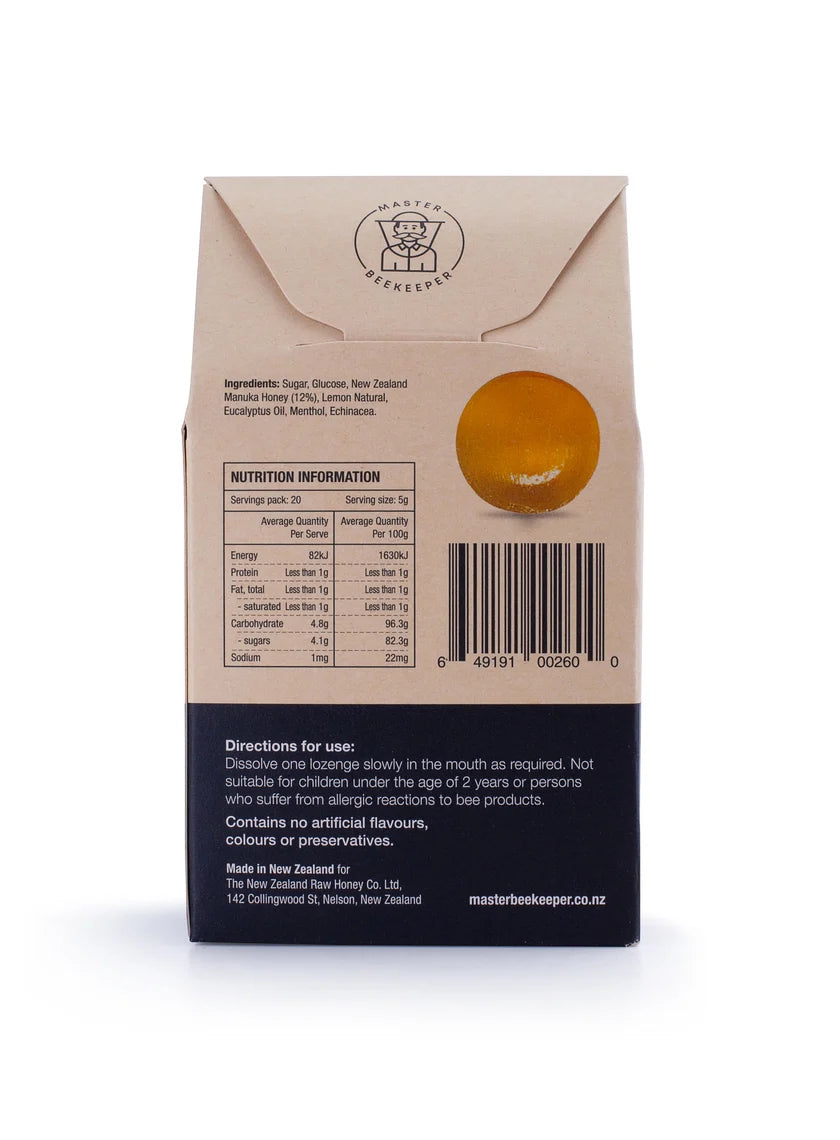 Box of WellNest Raw Mānuka Honey & Lemon Lozenges with lemon flavor and natural ingredients, designed for soothing throat comfort.