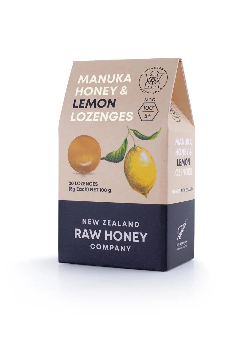 Box of WellNest Raw Mānuka Honey and Lemon Lozenges showing the packaging with lemon flavor and honey ingredients on the label.