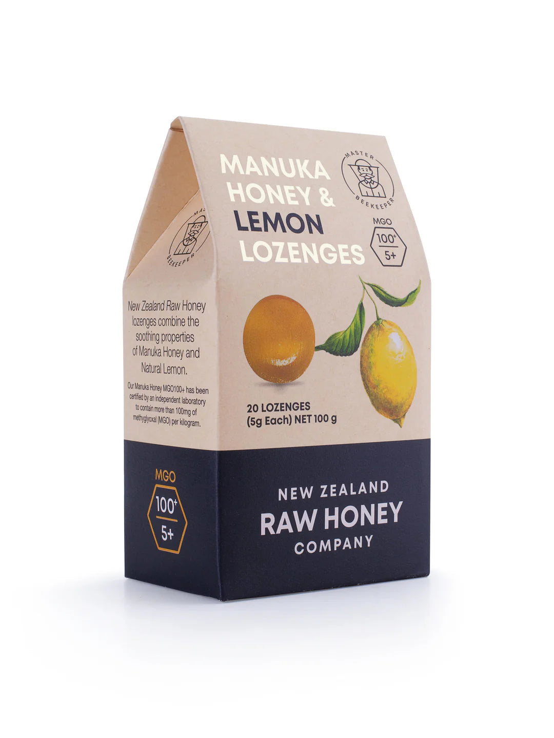 WellNest Raw Mānuka Honey and Lemon Lozenges box with lemon-flavored lozenges arranged inside, showcasing natural ingredients.