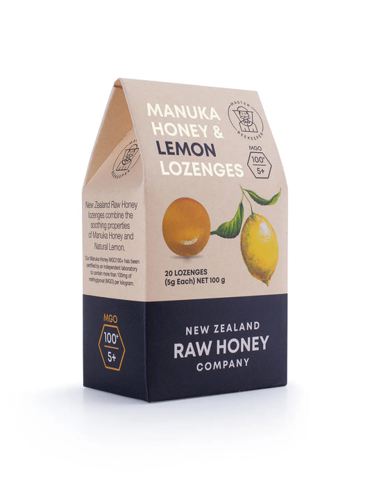 WellNest Raw Mānuka Honey and Lemon Lozenges box with lemon-flavored lozenges arranged inside, showcasing natural ingredients.