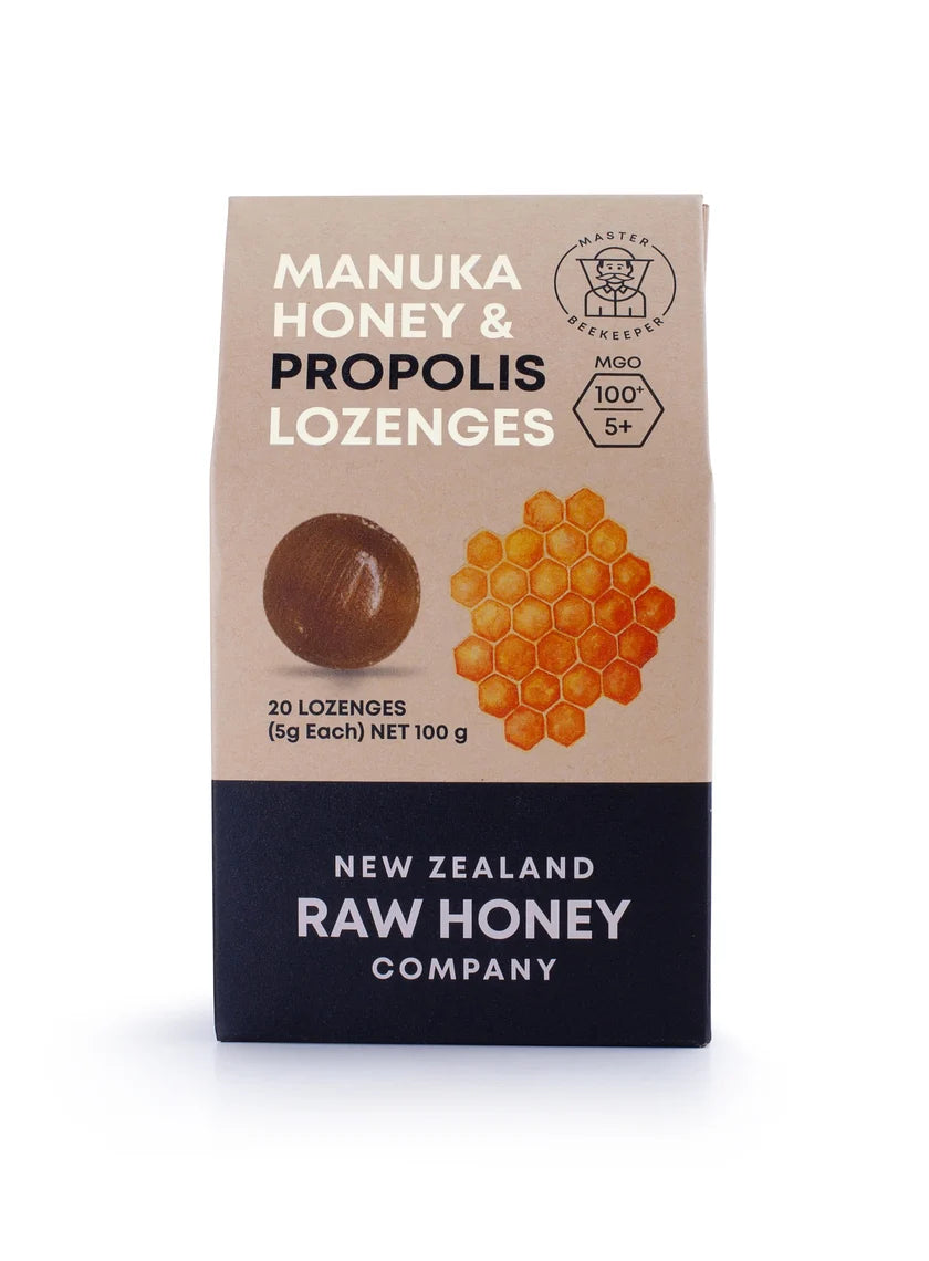 Box of WellNest Raw Mānuka Honey & Propolis Lozenges showing the packaging with lozenge illustrations and branding.