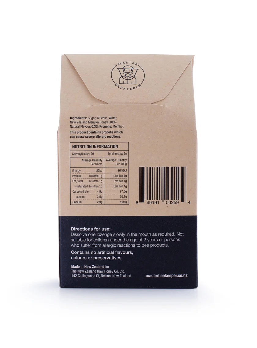 WellNest Raw Mānuka Honey and Propolis Lozenges box with lozenges visible inside, designed for soothing throat relief.