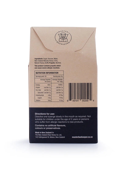 WellNest Raw Mānuka Honey and Propolis Lozenges box with lozenges visible inside, designed for soothing throat relief.