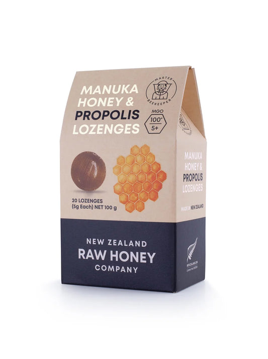 WellNest Raw Mānuka Honey and Propolis lozenges in a box, showing the packaging and lozenges inside.