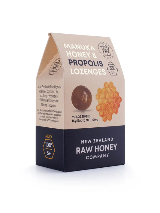WellNest Raw Mānuka Honey and Propolis Lozenges box showing the product packaging and branding.