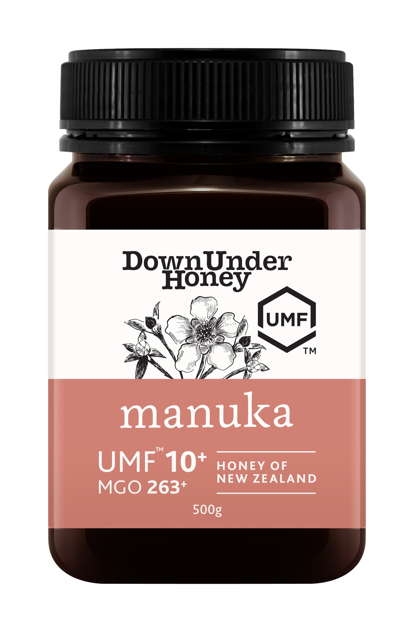 WellNest Mānuka Honey UMF™ 10+ in a 500g amber jar, featuring a label with UMF and MGO ratings, front view.