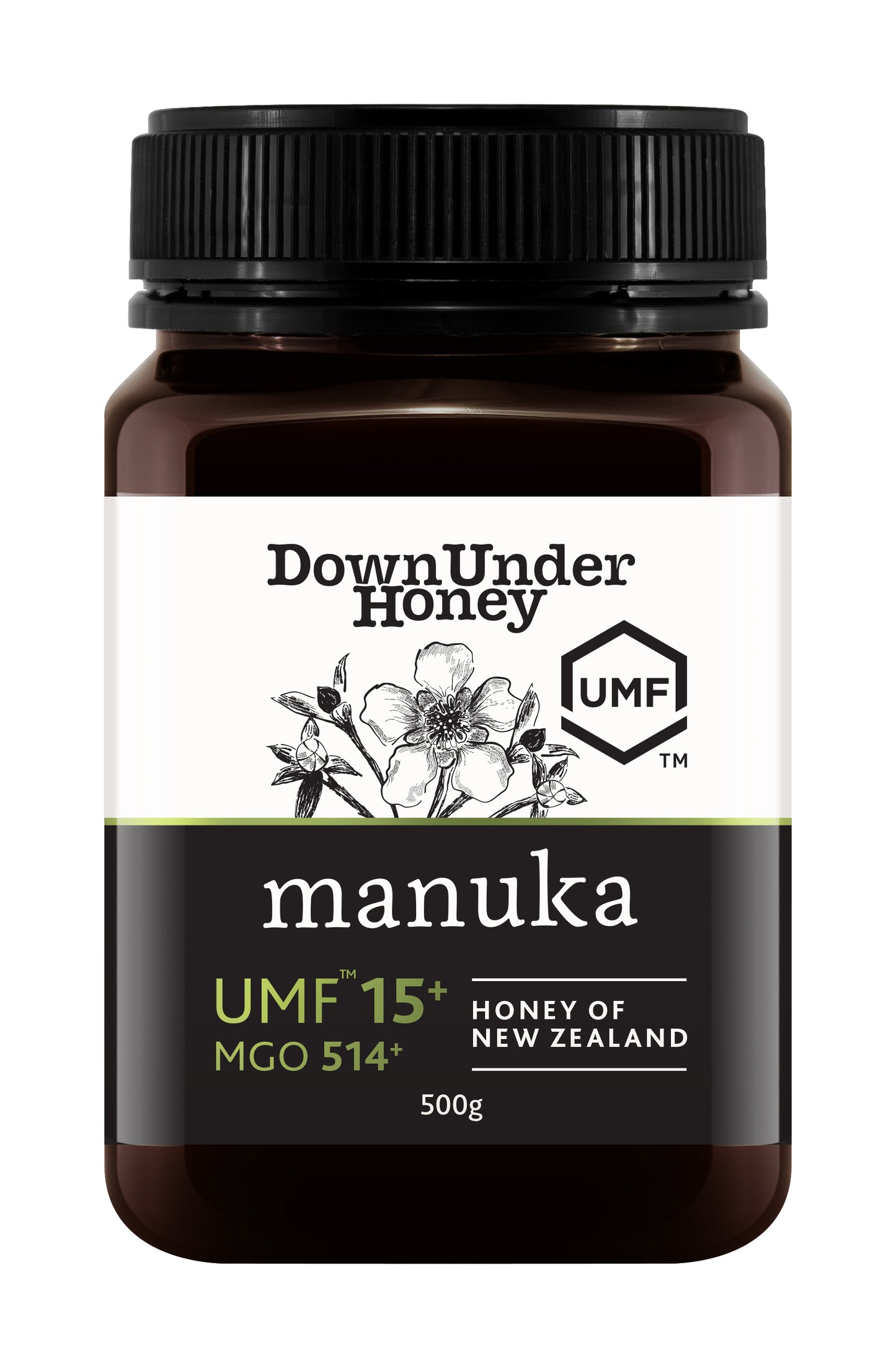 Amber jar of WellNest Manuka Honey UMF 15+ (MGO 514+) in a 500g container, showing the product label and honey inside.