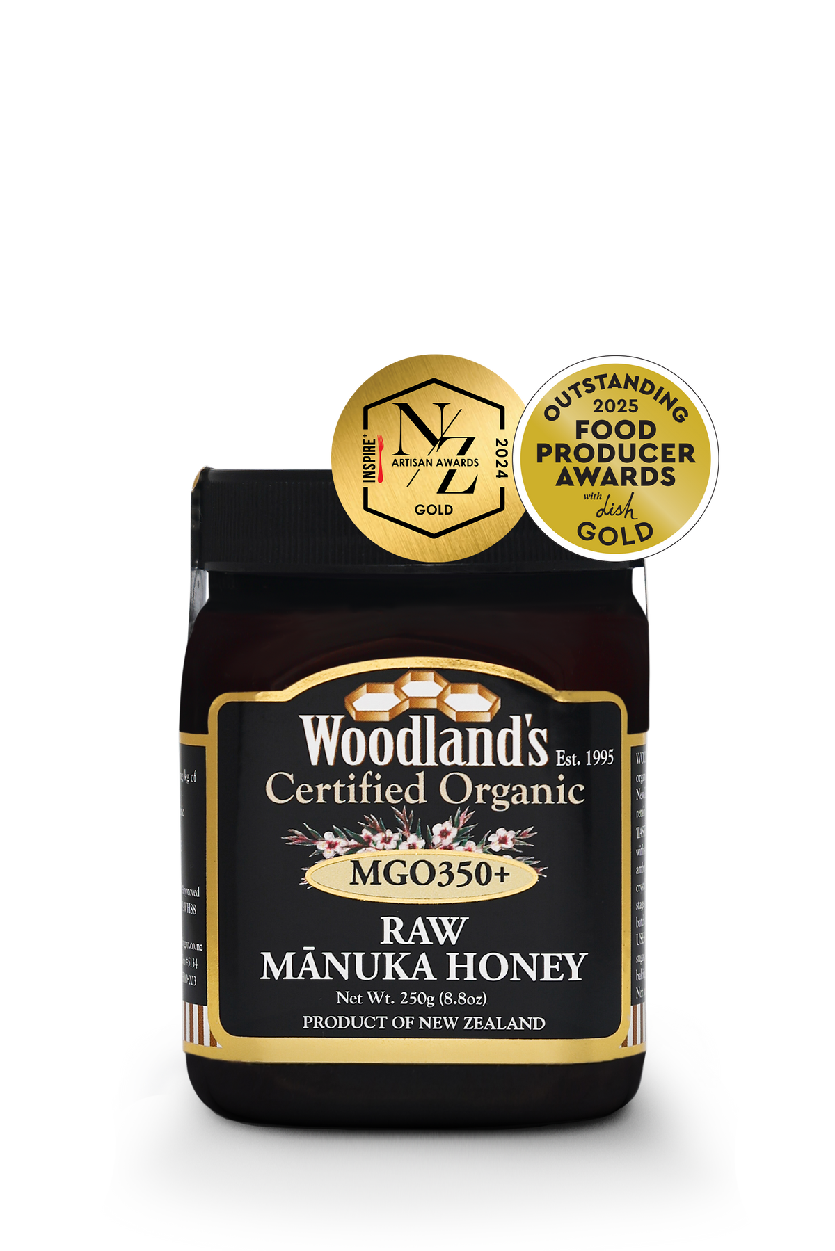 Jar of WellNest MGO350+ Organic Raw Manuka Honey with golden label and 250g size, showcasing thick, golden honey inside.
