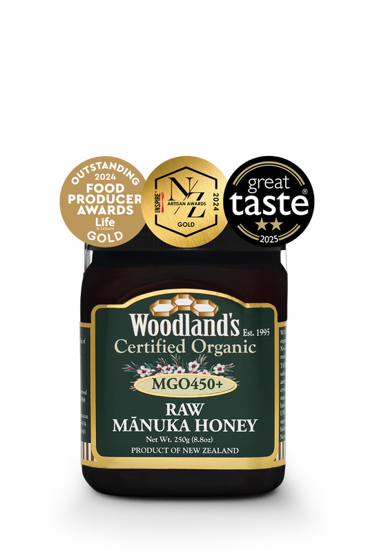 Jar of WellNest MGO450+ Organic Raw Manuka Honey in a 250g glass container with a gold label and natural honey inside.