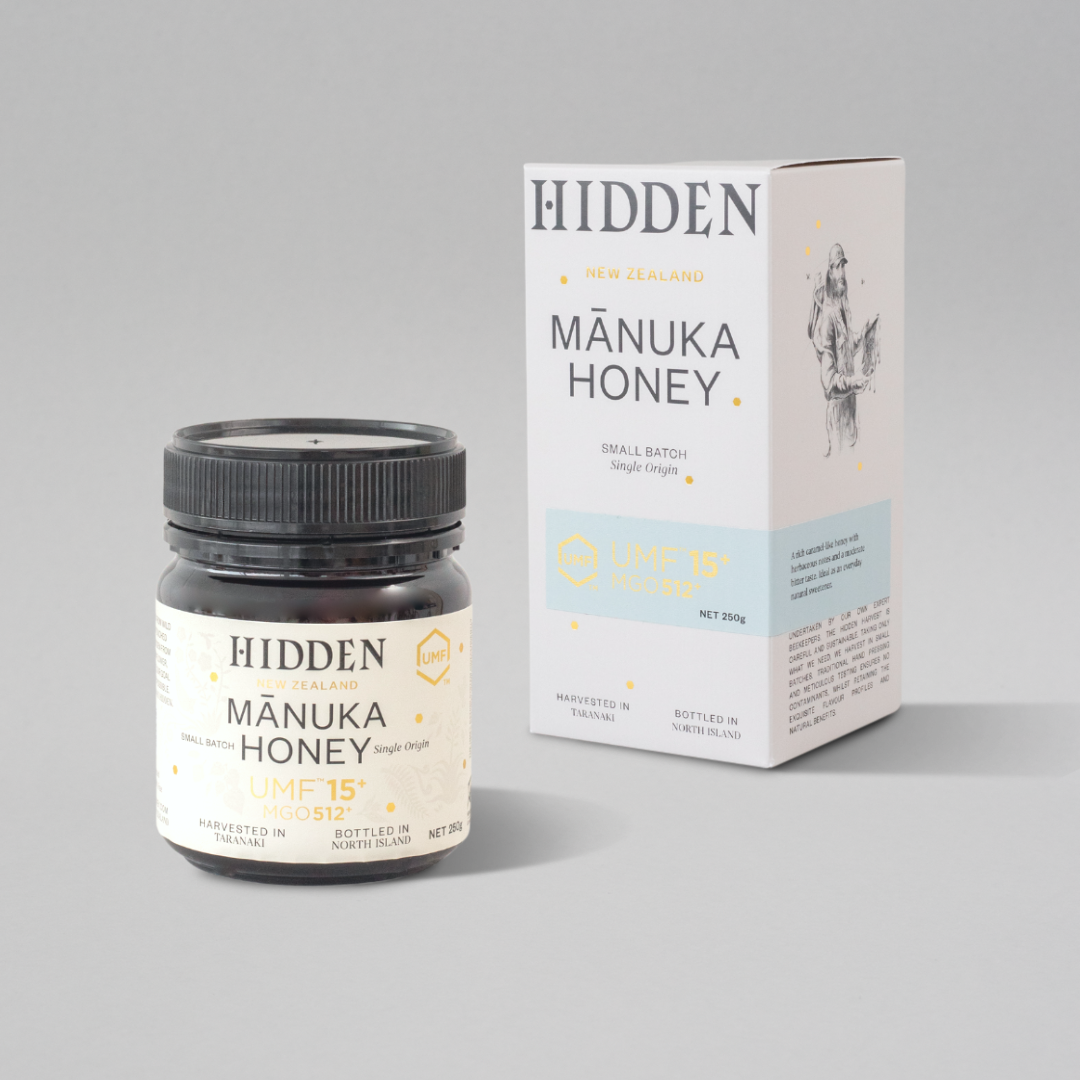 WellNest UMF15+ Manuka Honey in 250g jar, showcasing the golden, thick honey with UMF and MGO labels visible.