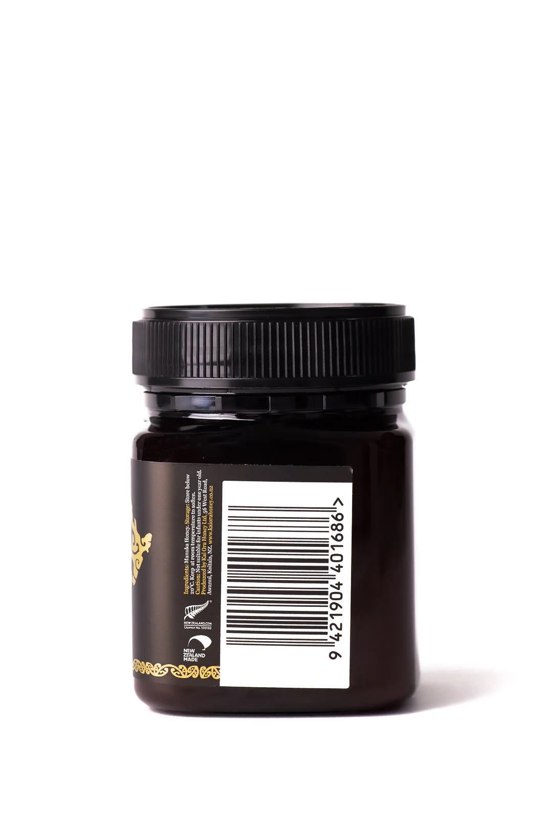 Jar of WellNest Kai Ora Black Label Manuka Honey with 1000+ MGO, showcasing the dark, rich honey inside the glass container.