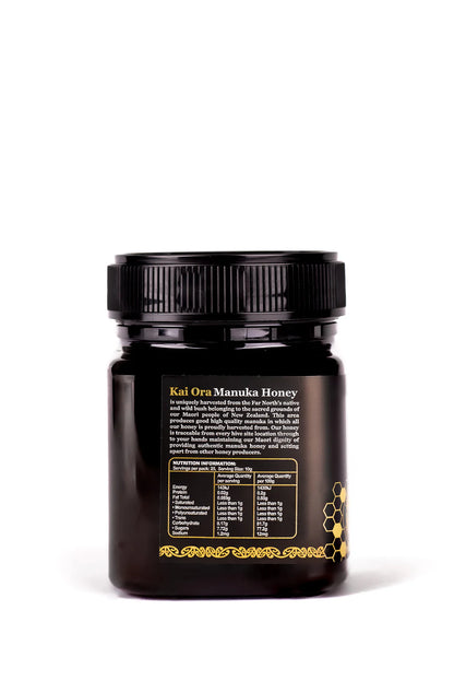Jar of WellNest Kai Ora Black Label Manuka Honey with 1000+ MGO, showcasing the rich, golden honey inside the jar.