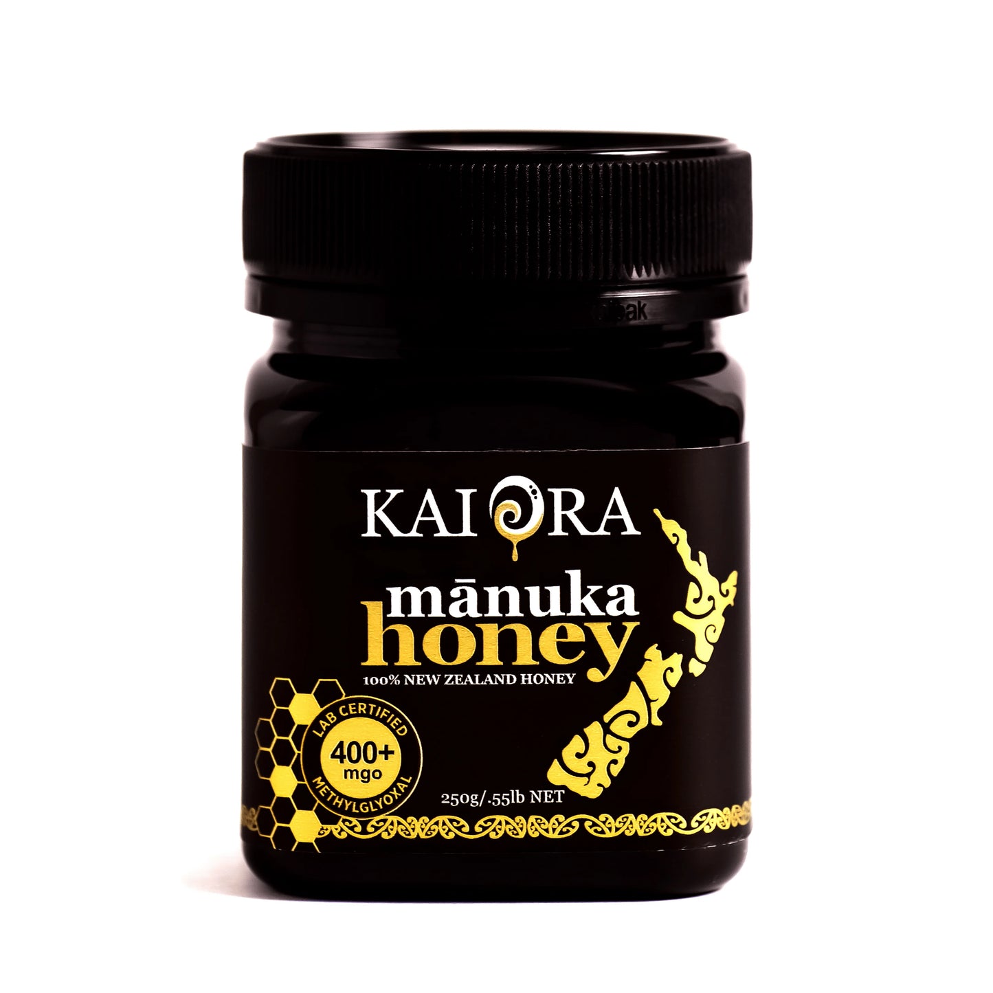 Jar of WellNest Kai Ora Black Label Manuka Honey with 400+ MGO, showcasing the rich, golden honey texture and black label packaging.