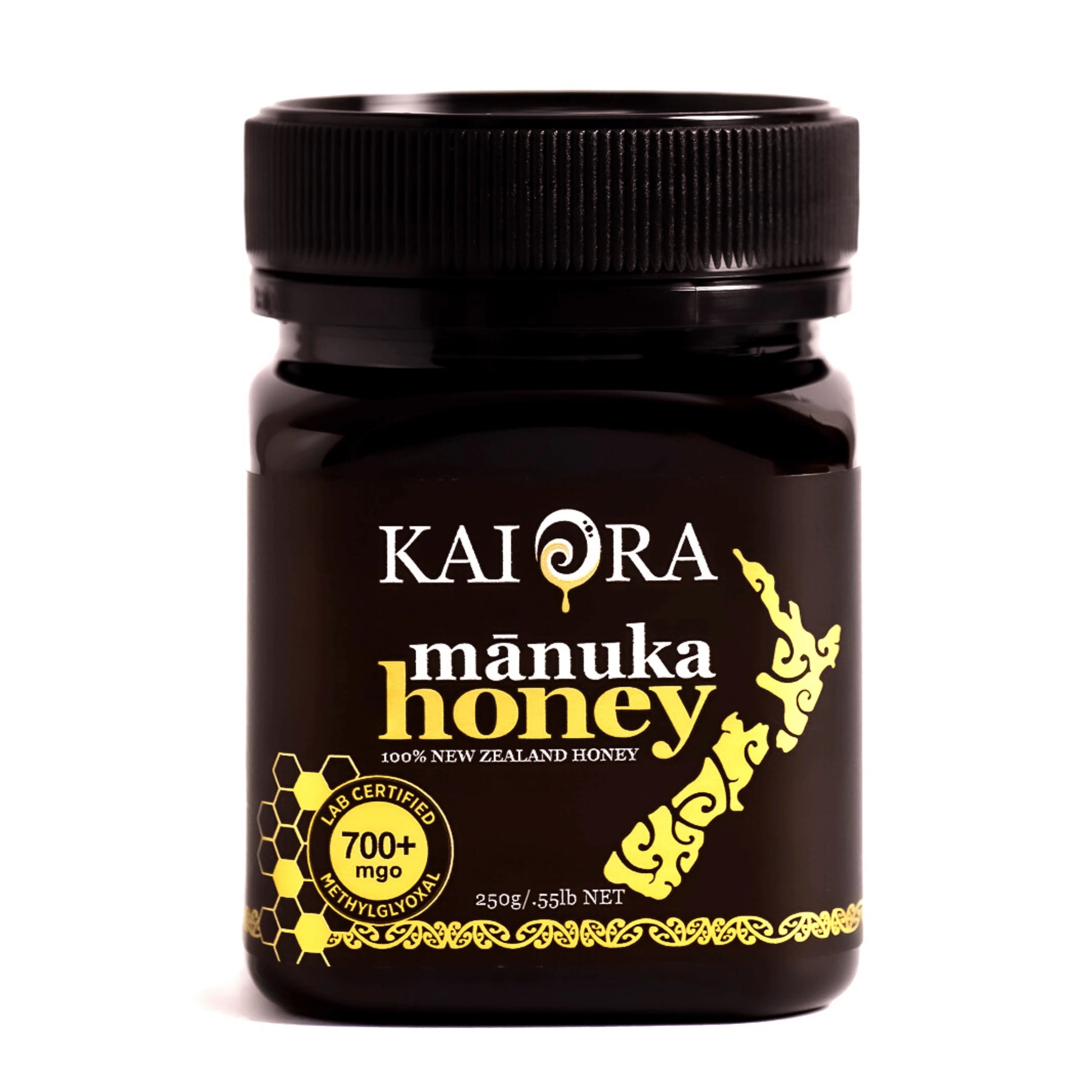 Jar of WellNest Kai Ora Black Label Manuka Honey with 700+ MGO, showcasing dark, rich honey in a glass jar.