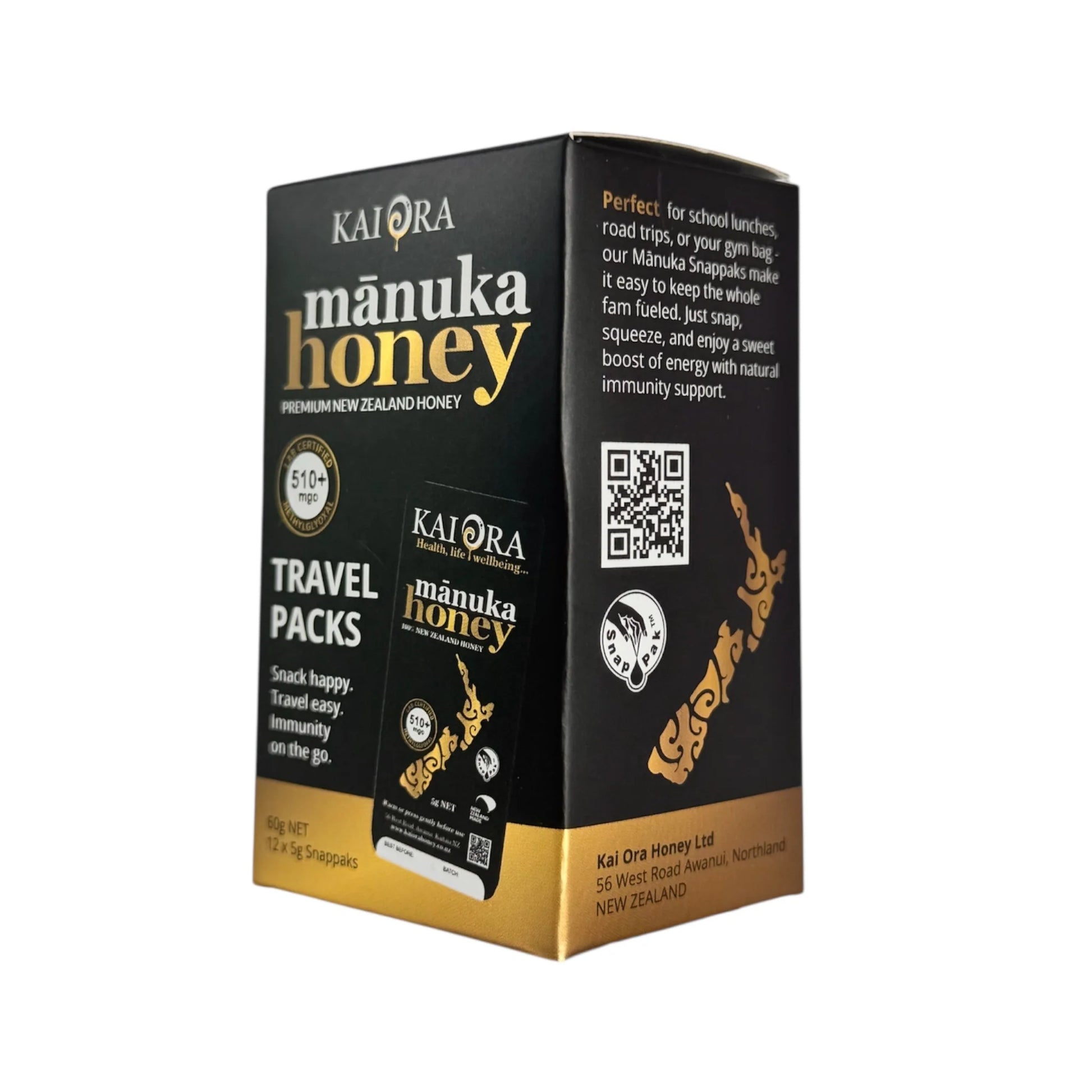 WellNest MGO 510+ Manuka Honey travel packs, 12 snappaks of 60g each with natural, rich manuka honey flavor.