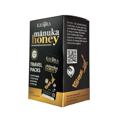 WellNest MGO 510+ Manuka Honey travel packs, 12 snappaks of 60g each with natural, rich manuka honey flavor.