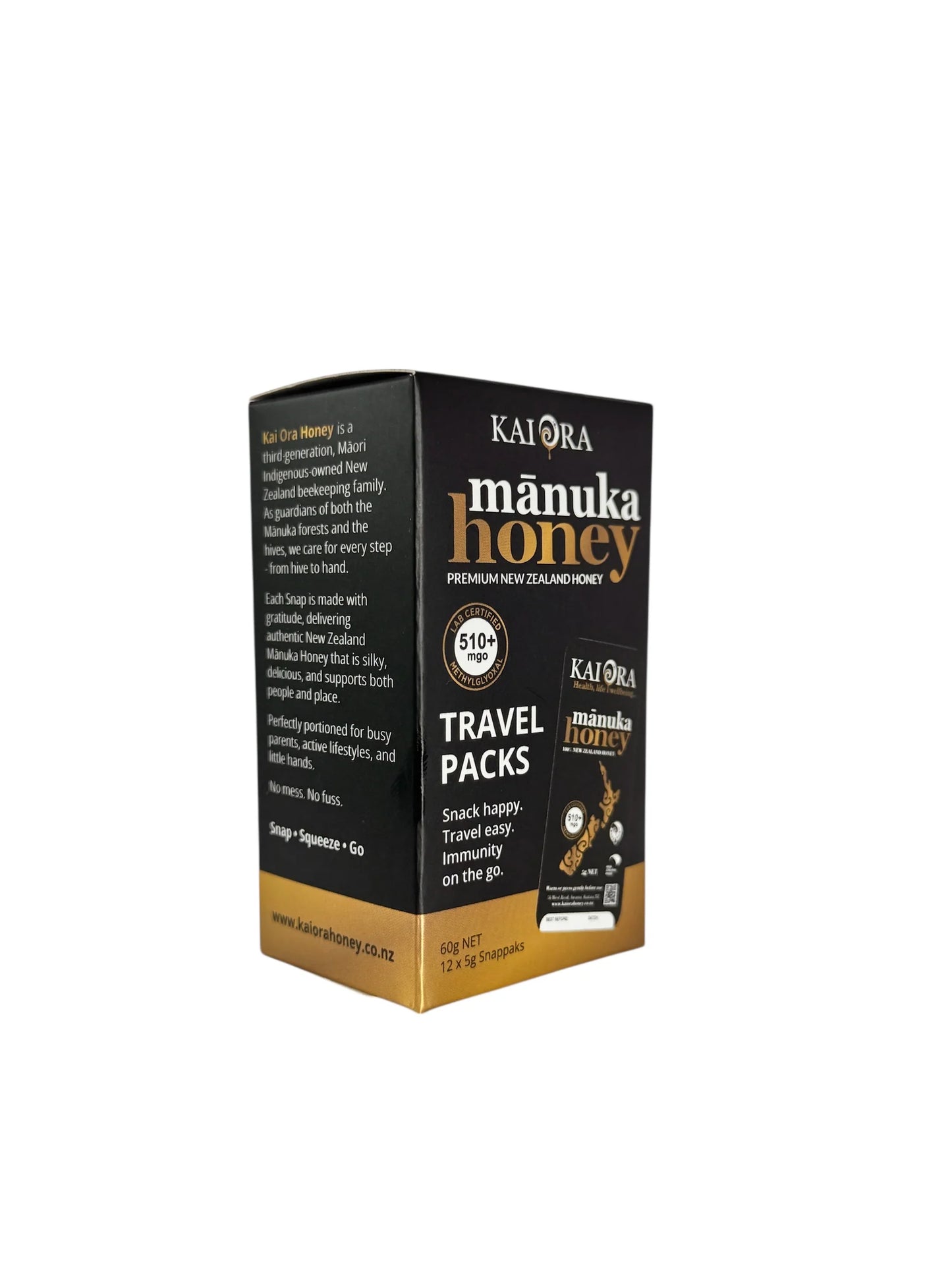 WellNest MGO 510+ Manuka Honey travel packs, 12 snappacks in a compact 60g size, displayed in the image.