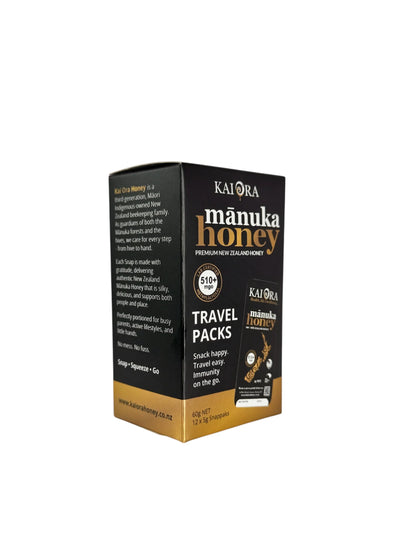 WellNest MGO 510+ Manuka Honey travel packs, 12 snappacks in a compact 60g size, displayed in the image.