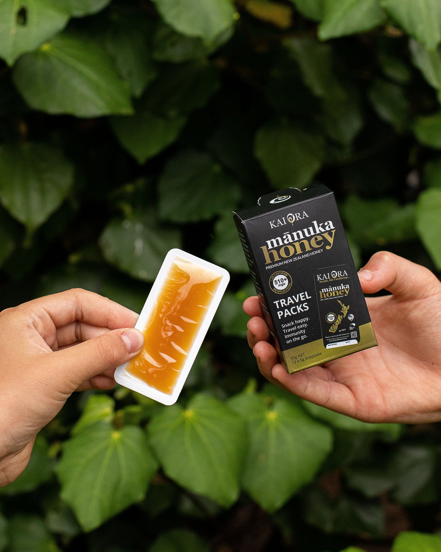 WellNest MGO 510+ Manuka Honey travel packs, 12 snappacks of 60g each, displayed in a convenient travel size.