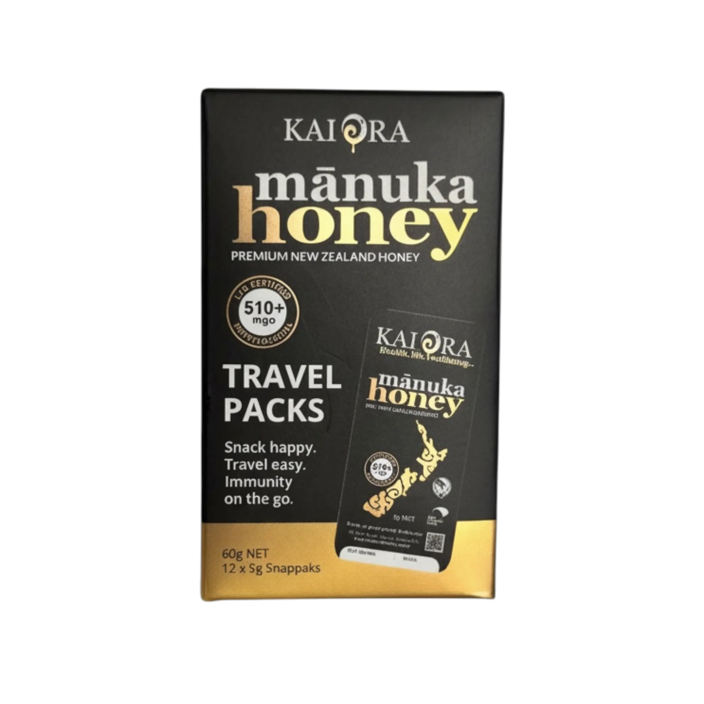 WellNest MGO 510+ Manuka Honey travel packs, 12 snappacks of 60g each, in a convenient portable packaging.
