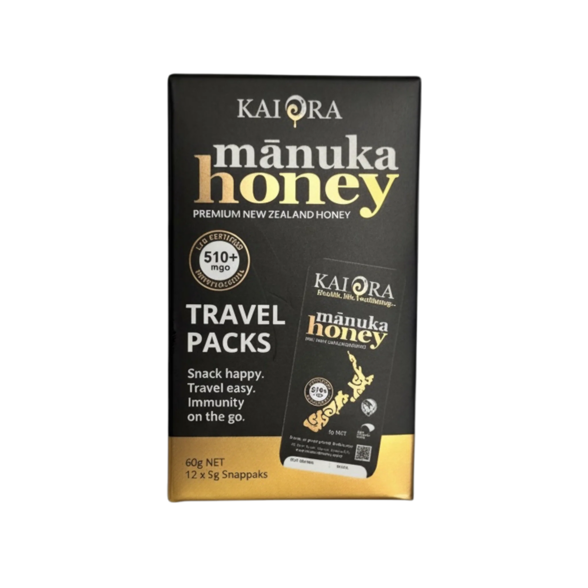 WellNest MGO 510+ Manuka Honey travel packs, 12 snappacks of 60g each, in a convenient portable packaging.