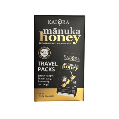 WellNest MGO 510+ Manuka Honey travel packs, 12 snappacks of 60g each, in a convenient portable packaging.