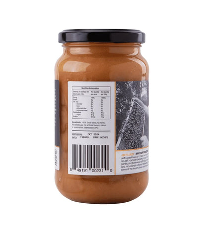 Raw Manuka Honey WellNest MGO265+ in 500g jar, close-up of golden honey with honey dipper, natural and thick texture.