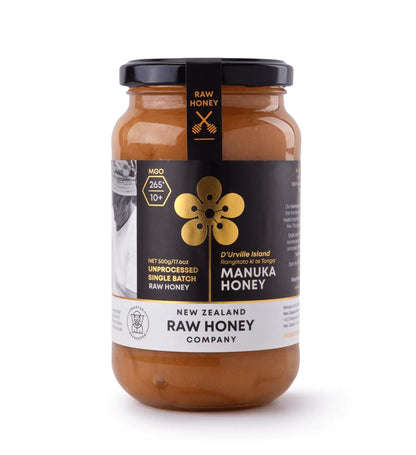 Raw Manuka Honey WellNest MGO265+ 500g jar with label and honey inside, showcasing natural, golden Manuka honey in a jar.