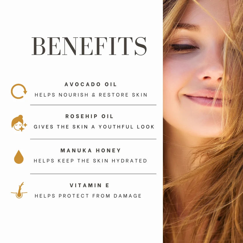WellNest Avocado & Rosehip Cream Cleanser for skincare, showing the creamy product in a tube with fresh avocado and rosehip ingredients.
