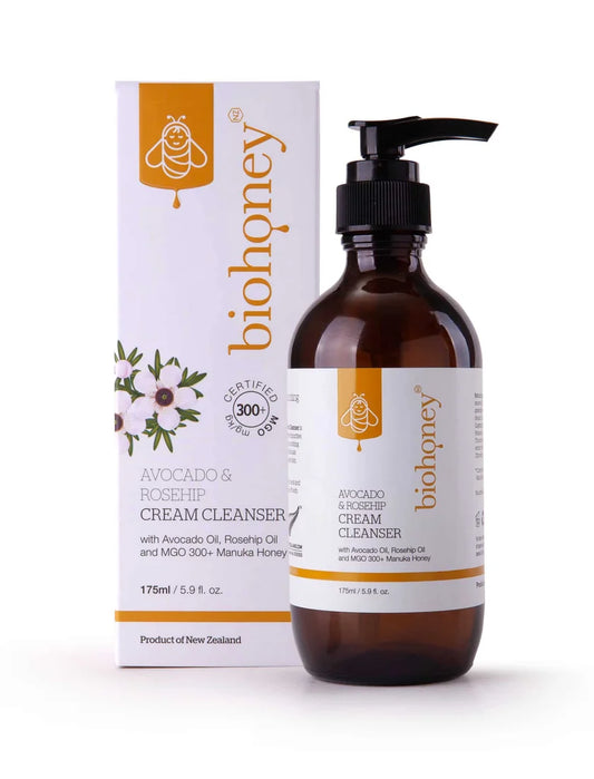 WellNest avocado and rosehip cream cleanser in a bottle and box, showcasing natural skincare ingredients.
