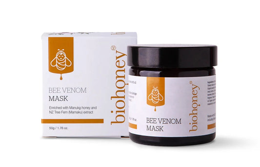 WellNest Bee Venom Mask 50g jar and box, skincare product with a sleek design and natural ingredients for facial rejuvenation.