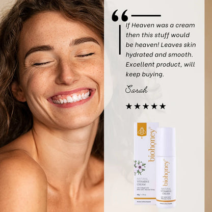 Natural Vitamin E cream with collagen in a 50g jar, skincare product by WellNest, featuring a smooth, hydrating texture.