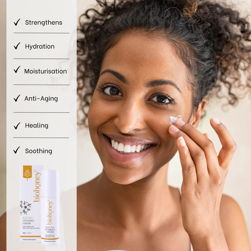 WellNest Natural Vitamin-E Cream with Collagen, 50g, featuring a skincare product with soothing cream texture in a jar.